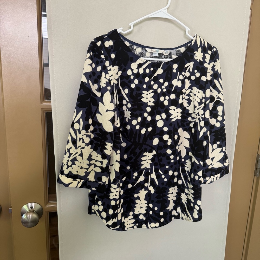Boden Womens 6 Blue Black White Floral 3/4 Sleeve Round Neck Blouse Top